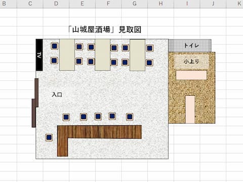 江東区南砂の老舗酒場「山城屋酒場」の店内見取り図
