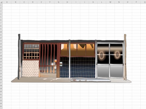 江東区南砂の老舗酒場「山城屋酒場」のエクセル画作画過程初日