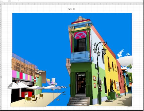 ブエノスアイレス、カミニートの街並みエクセル画制作過程5日目