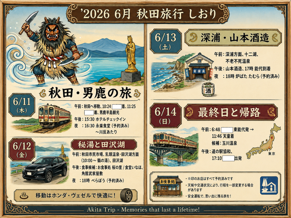 秋田旅行 工程表
