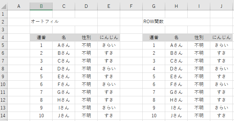 ROW関数用の表 オートフィルとの比較