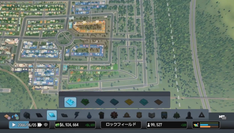 新しい地区の産業区の割り振り方を考えるために、俯瞰視点で道路を見ている様子【シティーズ:スカイライン PlayStation4 Edition】