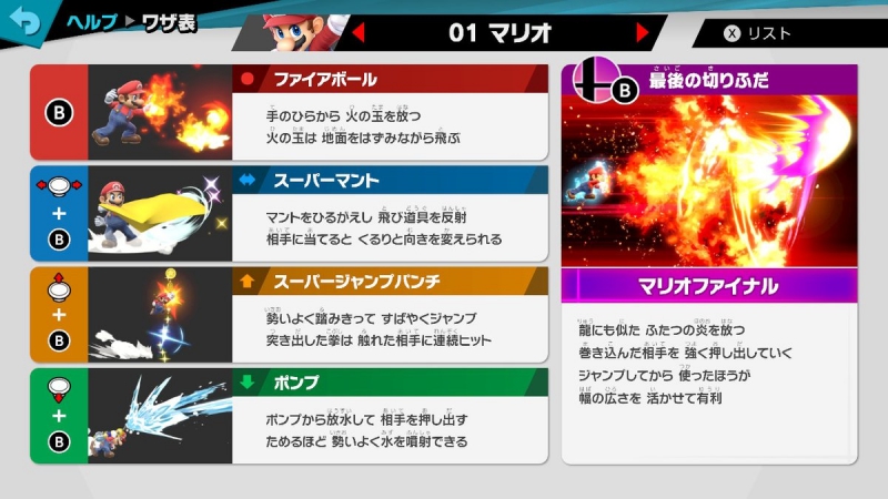 マリオのワザ表画面【スマブラSP】