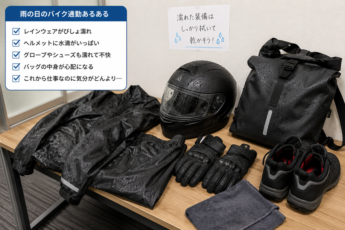 雨の日のバイク通勤で濡れたレインウェアやヘルメットやバッグを置いているイメージ
