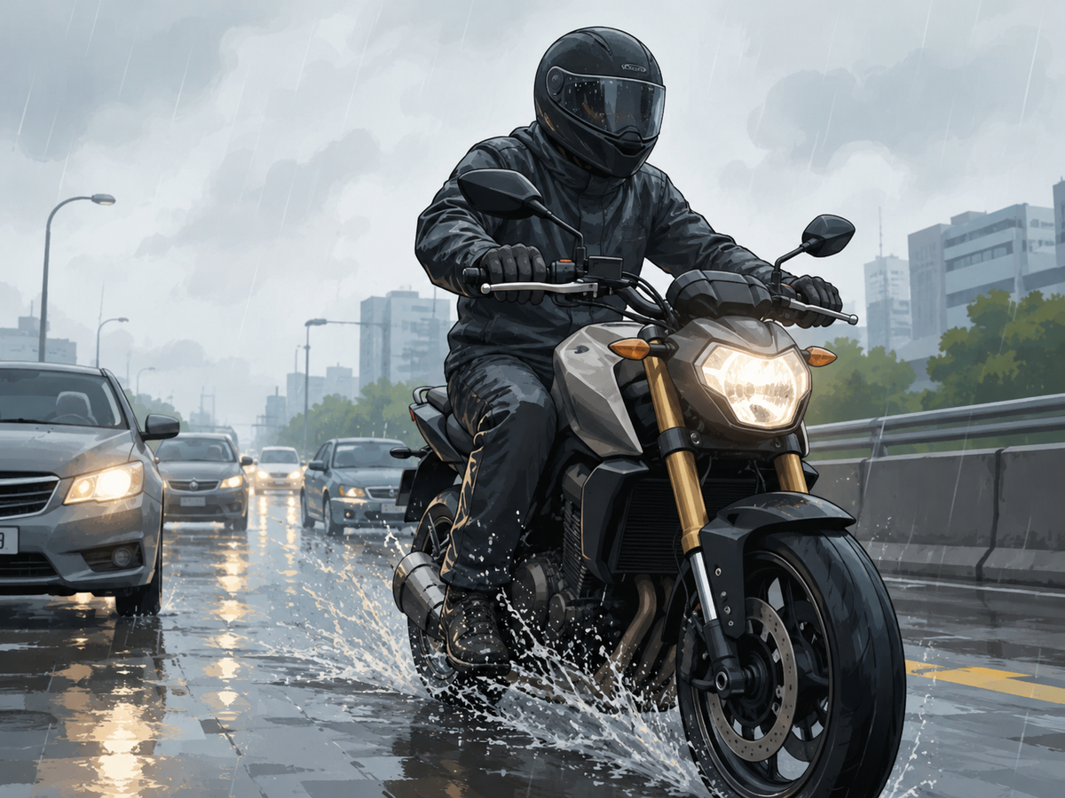 雨の日のバイクで足元が濡れるイメージ 雨の日の道路でバイクに乗るライダーの足元に水しぶきがかかり、靴が濡れやすい状況のイメージ