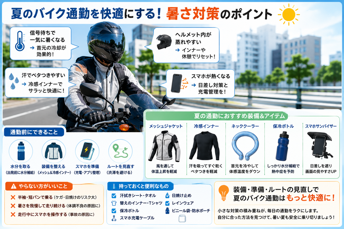 2026年版】夏のバイク通勤が暑い人へ｜汗・蒸れ・信号待ち対策まとめ