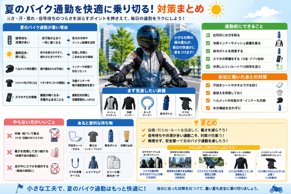 夏のバイク通勤で使いたい暑さ対策装備 夏のバイク通勤でメッシュジャケット、冷感インナー、ネッククーラー、水分補給ボトルなどの暑さ対策装備をまとめたイラスト