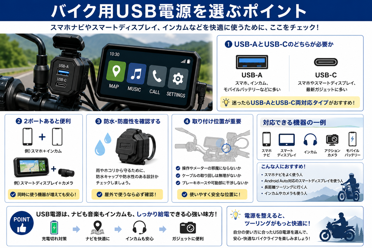 バイク用USB電源を選ぶときに確認したいポート数、出力、防水性、取り付けやすさをまとめたイラスト