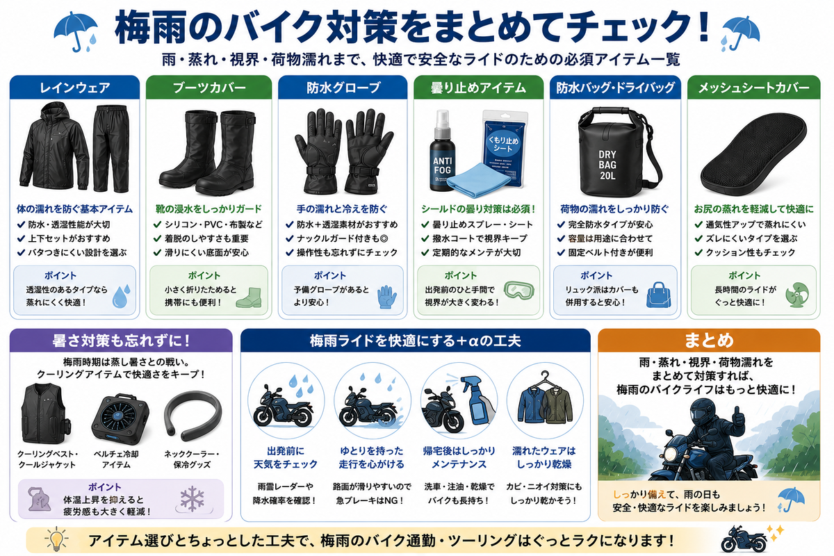 梅雨のバイク通勤やツーリングで使いたいレインウェア、ブーツカバー、防水グローブ、曇り止め、防水バッグ、メッシュシートカバー、冷却アイテムなどをまとめたイラスト
