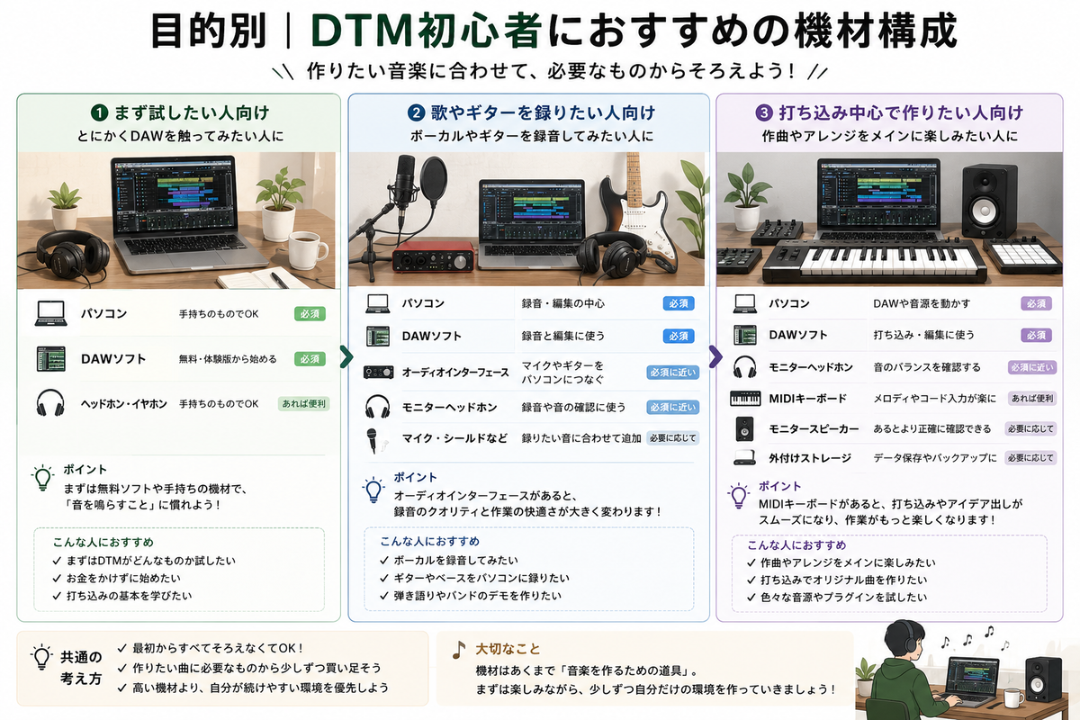 DTM初心者向けに、まず試したい人、歌やギターを録りたい人、打ち込み中心の人の機材構成をまとめた図解