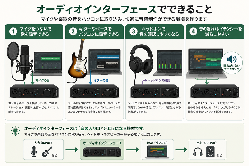 オーディオインターフェースでできることを、マイク録音、ギター録音、ヘッドホン確認、音の遅れ対策で示した図解