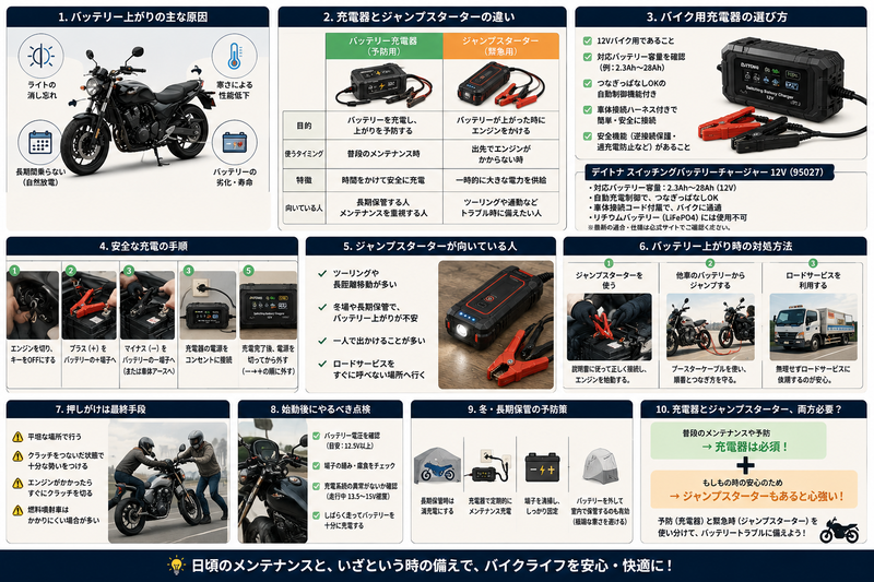 バイクのバッテリー上がりの原因、充電器とジャンプスターターの違い、安全な充電手順、冬や長期保管の予防策をまとめた挿絵