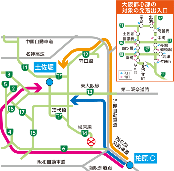 大阪都心部～西名阪道・南阪奈道を利用した際のルート