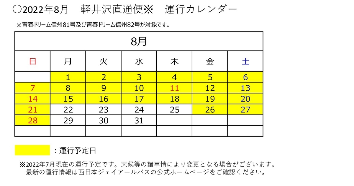 「大阪・京都～長野線」軽井沢駅直通便の運行カレンダー