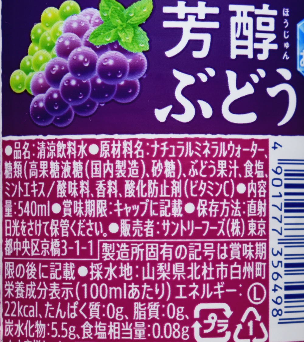 芳醇ぶどう＆サントリー天然水,原材料名,栄養成分表示