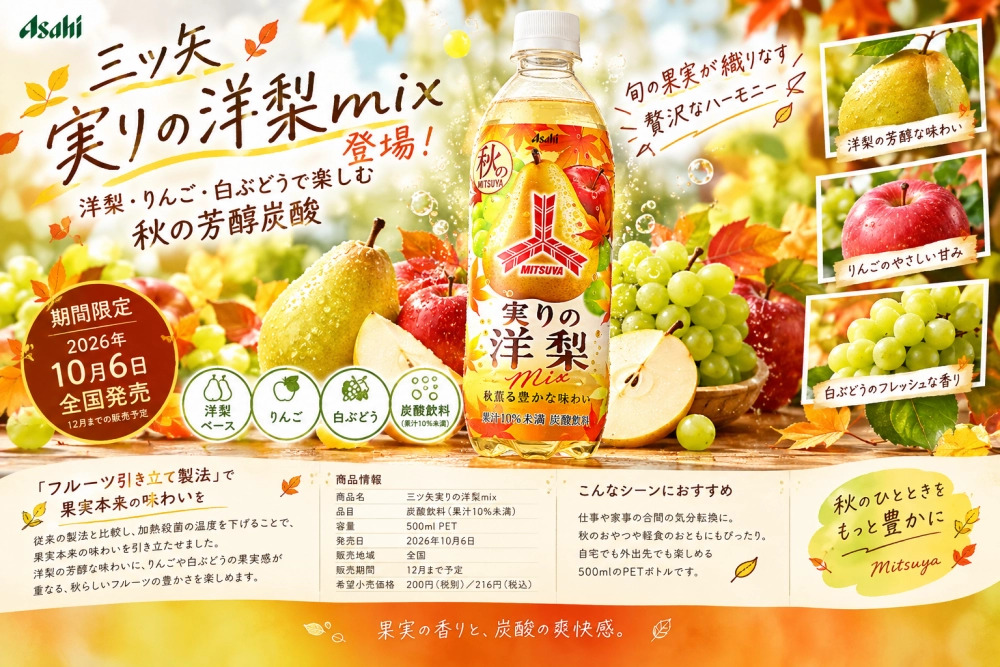 秋限定「三ツ矢実りの洋梨mix」登場！フルーツ引き立て製法で果実感を