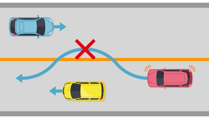 中央線がオレンジ色の実践の場合での車の追いこしの可否についての説明図