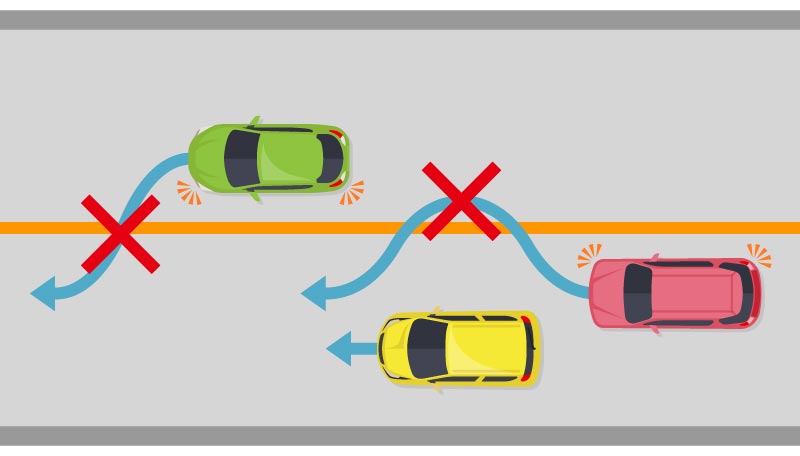車線境界線がオレンジ色の実践の場合での車の追いこしの可否についての説明図