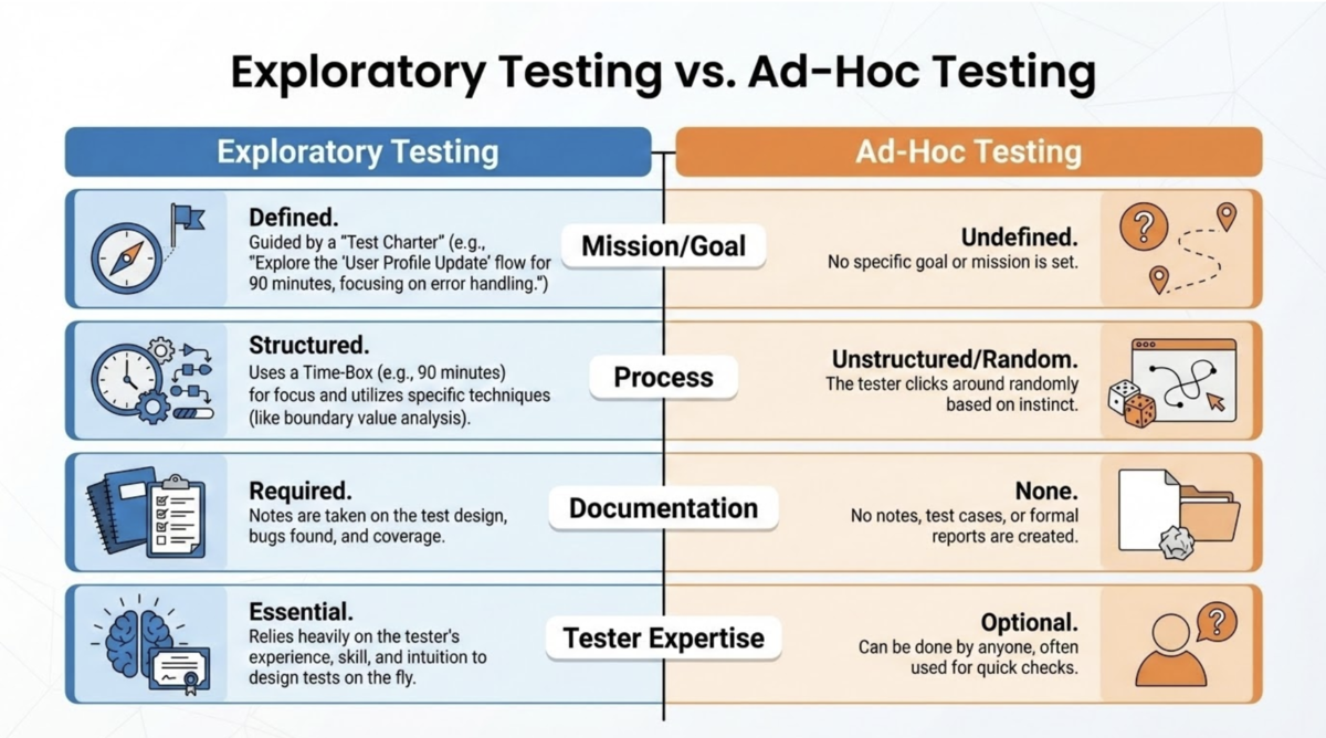 Exploratory Testing's mission or goal is defined and guided by a test charter. The process is structured and may be time-boxed. Documentation is required and notes are taken. Tester expertise is essential and relies heavily on the tester's experience. On the other hand, Ad-Hoc Testing's mission/goal is undefined. Process is unstructured/random. It has no documentation. And tester expertise is only optional which means ad-hoc testing can be done by anyone.
