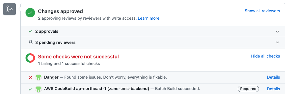 DangerJS実行の結果がfaildのため、mainブランチへのマージができない