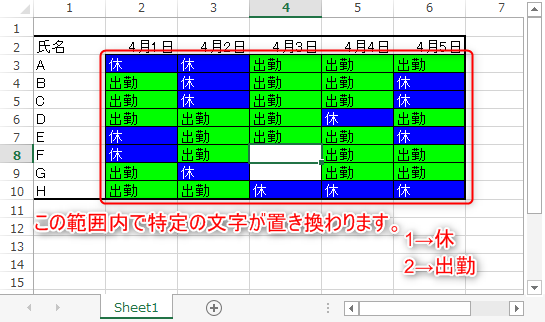 文字の置き換えマクロ 一定範囲内自動更新 勤務表やチェックシートなどに便利 ドワーフのメモ帳