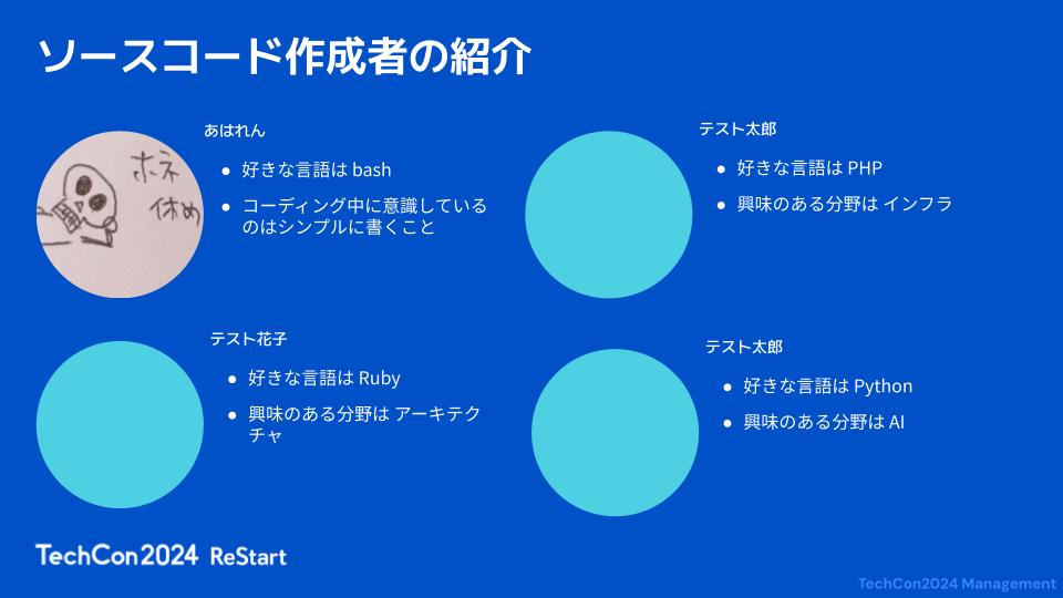 作成者の紹介スライド、作成者名と紹介文