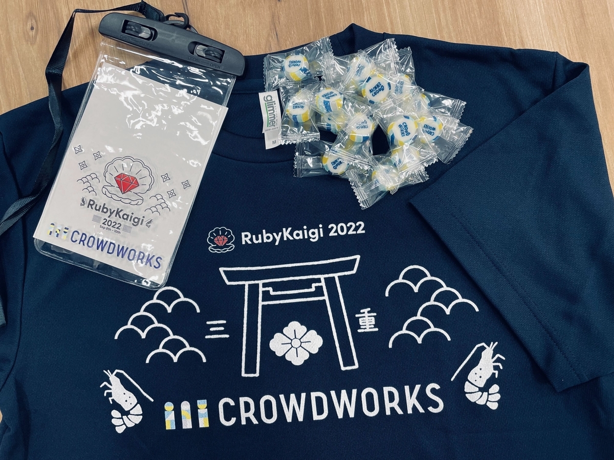 RubyKaigiのロゴをあしらったTシャツとスマホ防水ケース、クラウドワークスのロゴ組飴