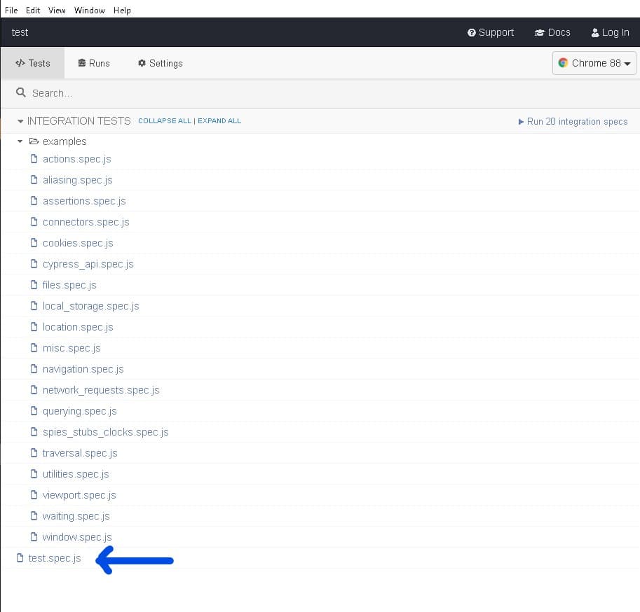 テストコード配置後のCypress画面