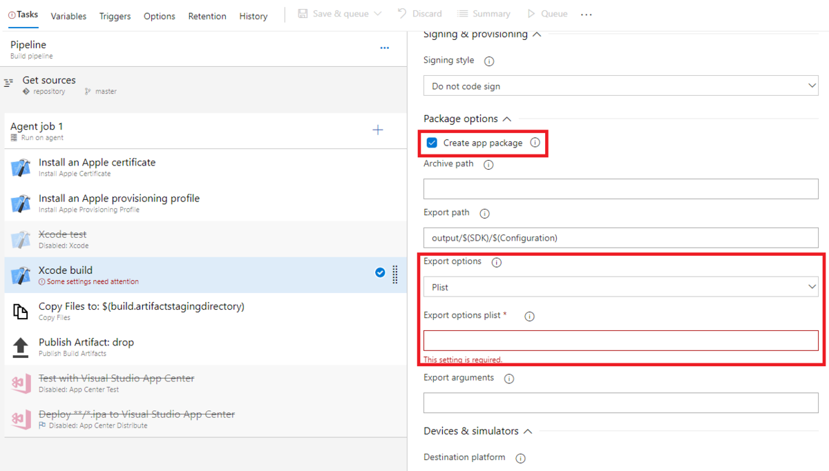 ipaファイルを作成するための設定