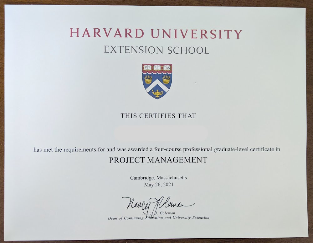 Harvard Extension School certificate