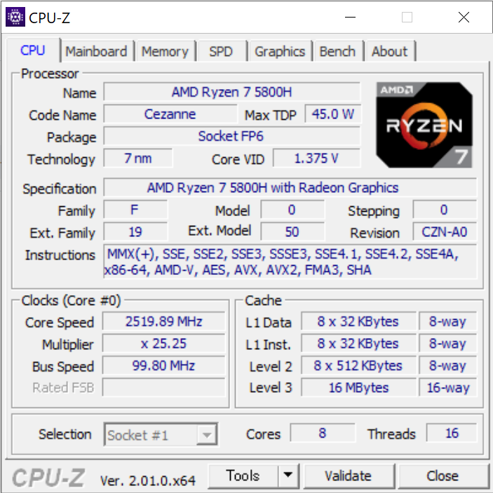 CPU-ZによるLegion 560 Proに搭載されたCPUのRyzen 7 5800Hの情報