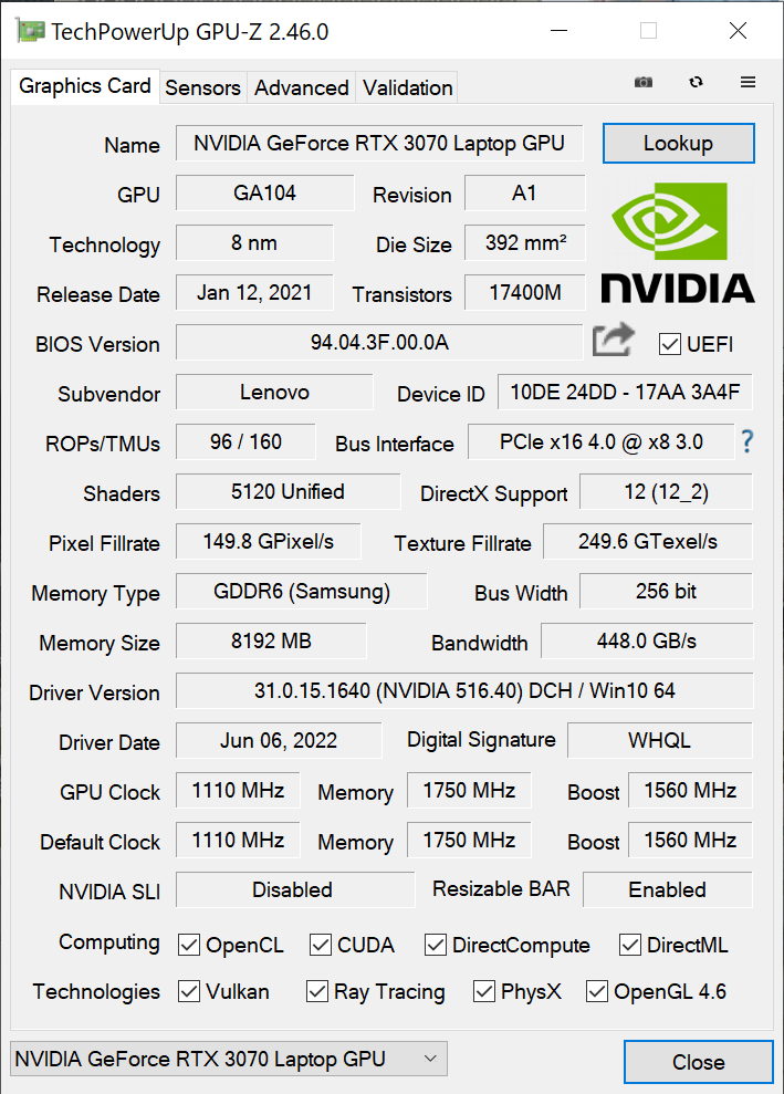 GPU-ZによるLegion 560 Proに搭載のGPUであるGeForce RTX 3070 Laptop GPUの情報