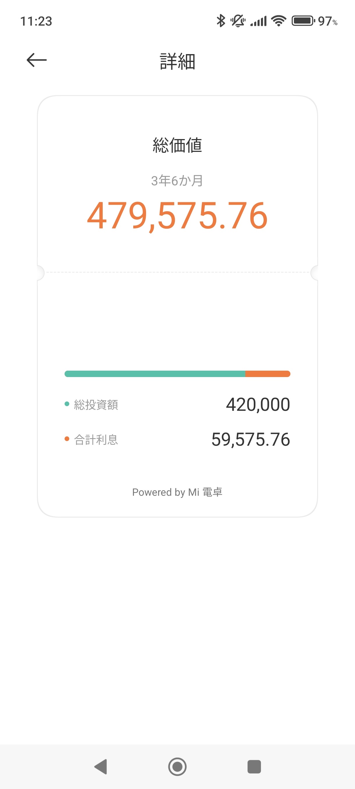 金利7.32%で1万円の投資に3年6ヶ月で定期の投資の総価値が47万9575.76円と表示される画面