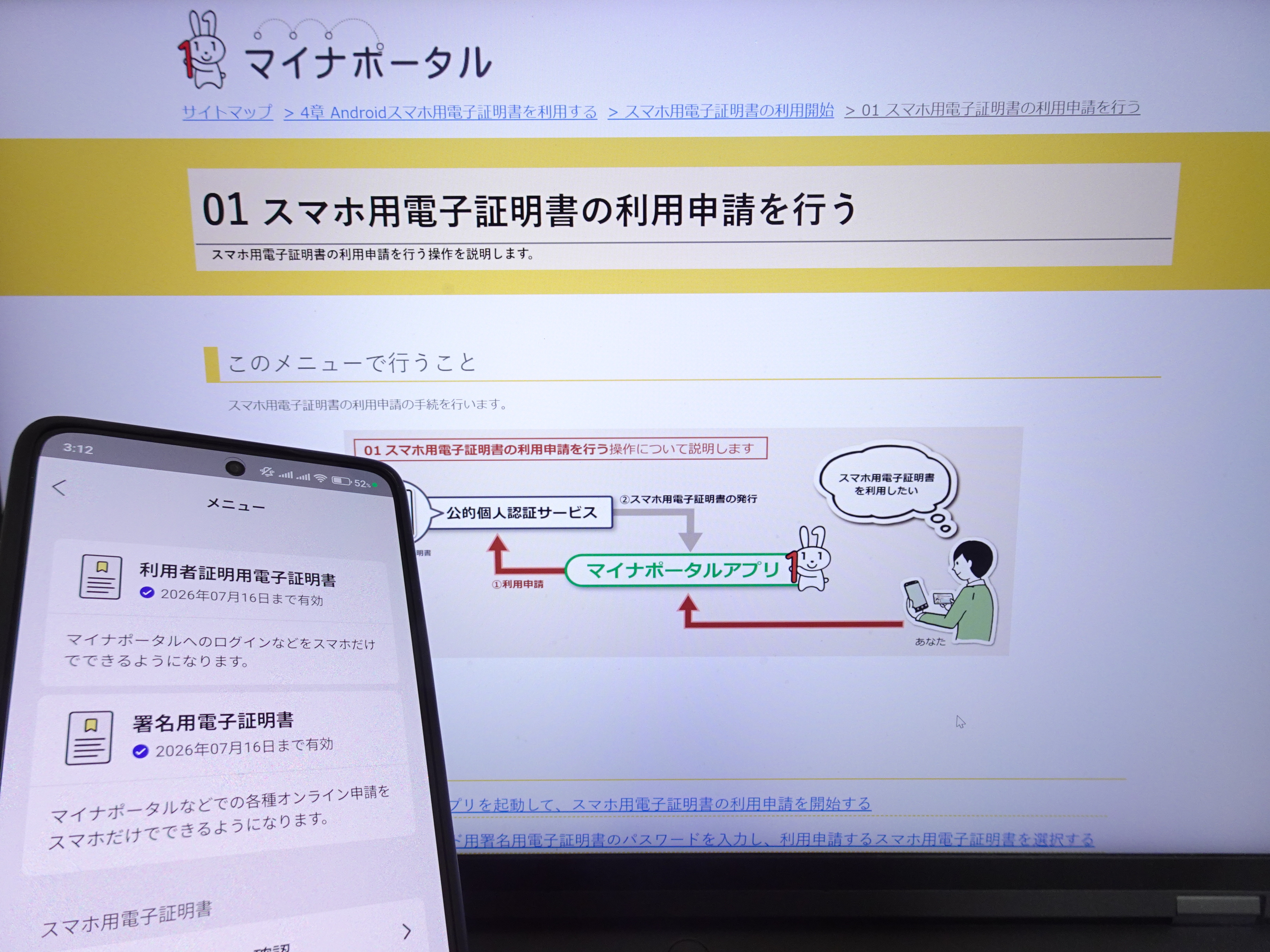 マイナンバーカードのスマホ用電子証明書を追加したスマートフォンのXiaomi 14T Proをマイナポータルのスマホ用電子証明書の利用申請方法のページを表示したノートパソコンの前で掲げる写真