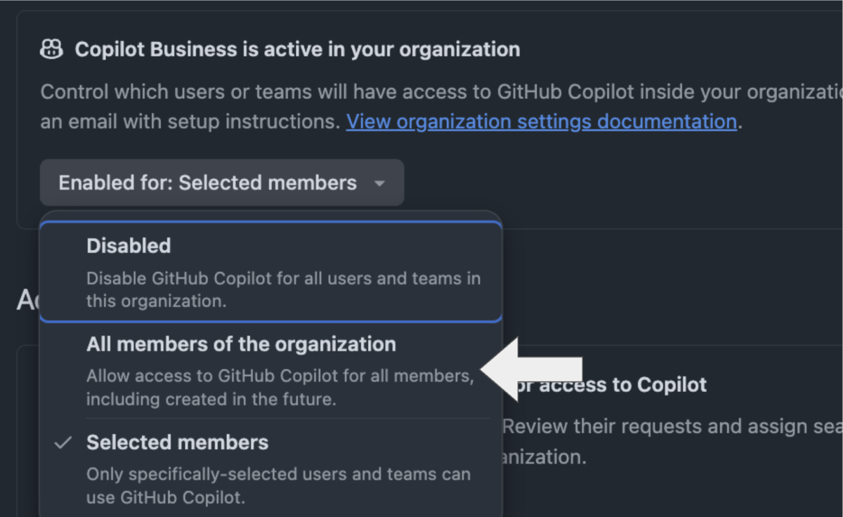 PoliciesタブのCopilot設定画面。「Allow access to All members of the organization」が選択されている状態