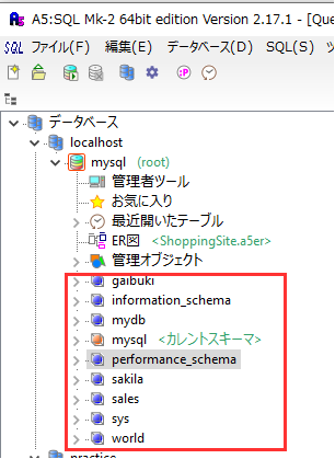 A5:SQL Mk-2では、4つのシステムデータベースが表示されたスクリーンショット