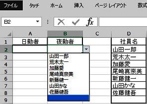 セルB2にプルダウンメニューが表示