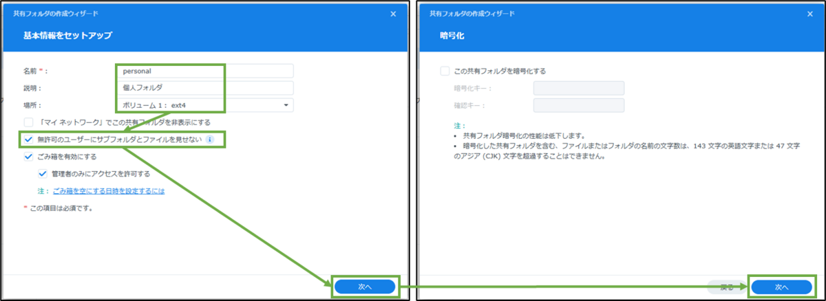 図表2-2 共有フォルダーの作成(基本情報,暗号化)