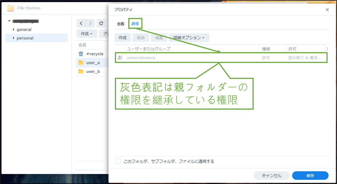 図表3-1 フォルダーのアクセス権限設定(user_aフォルダー:親権限継承中)