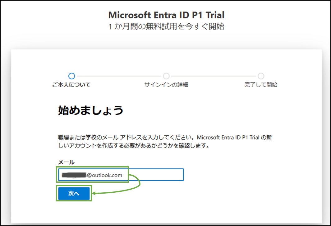 図表2-2 Entra ID P1試用開始(管理者の外部メールアドレス指定)
