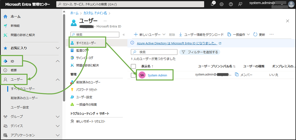 図表7-2 MS365管理センターのシステム管理者の設定へ