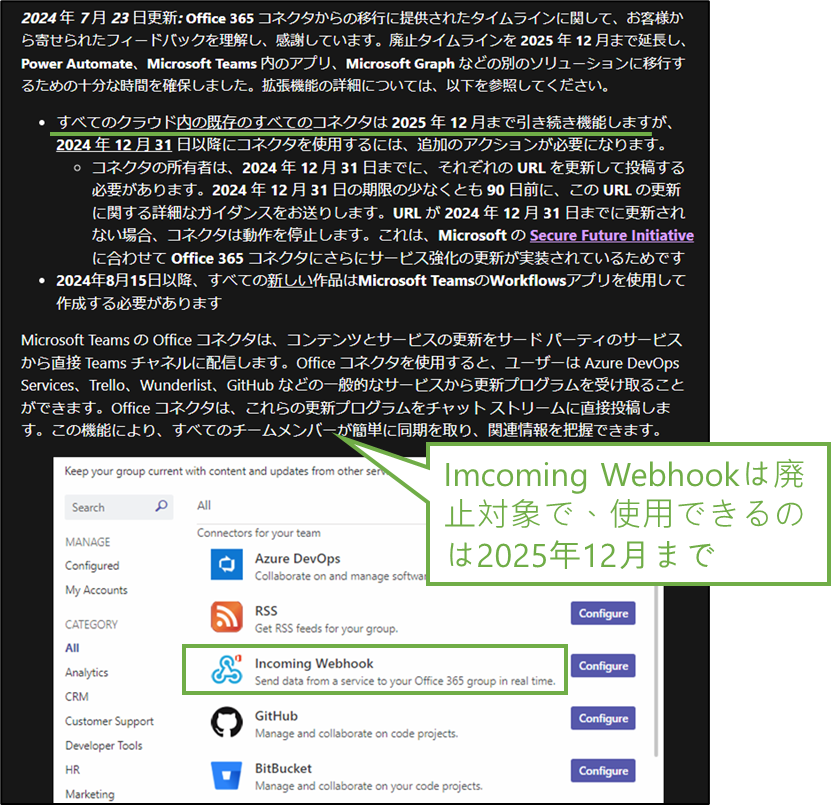 図表4-1 TeamsのImcoming Webhook廃止に関する公式記事