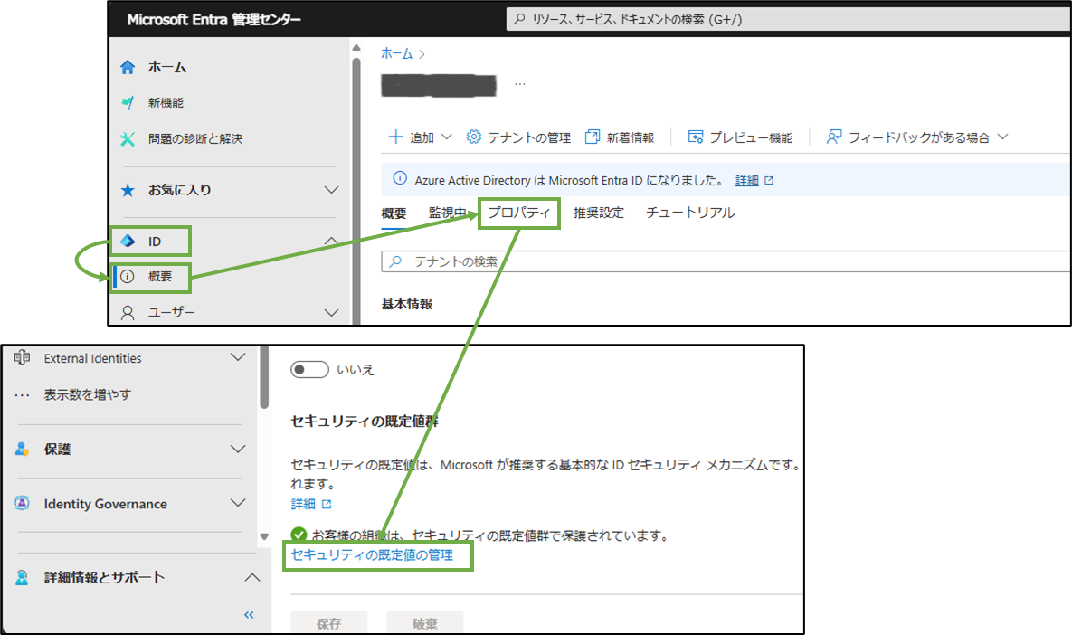 図表1-1 Entra管理センターのセキュリティの規定値の管理へ