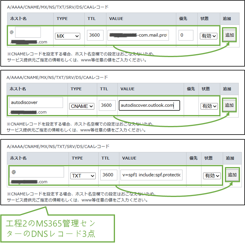 図表3-5 お名前.com ドメイン設定(指定ドメインのDNSレコード追加)