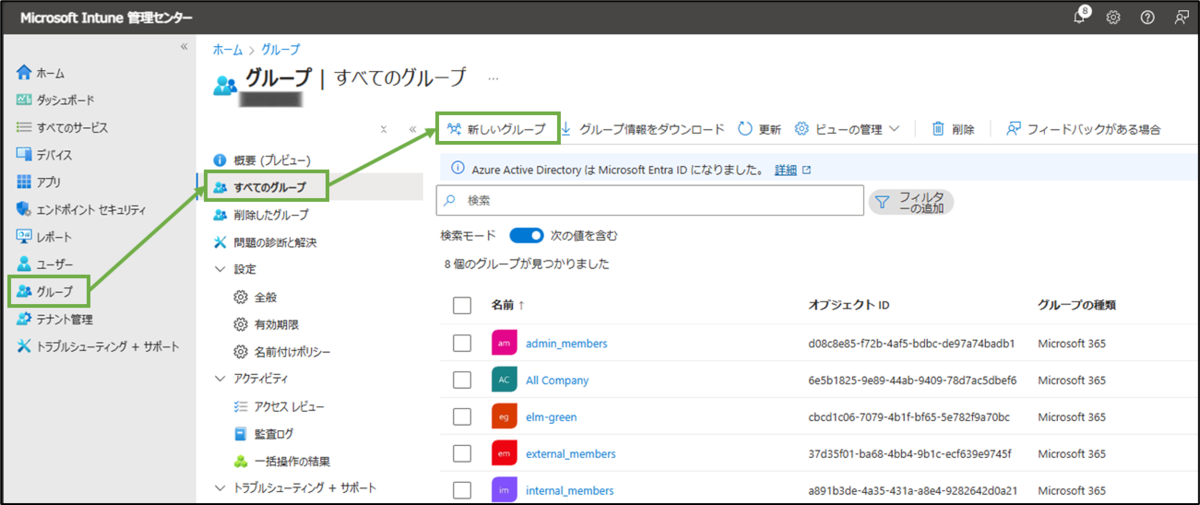 図表2-1 Intune管理センターのWindowsPCデバイスグループ作成へ