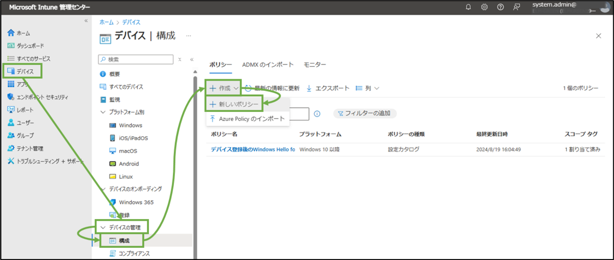 図表3-1 Intune管理センターのデバイス構成ポリシー作成へ