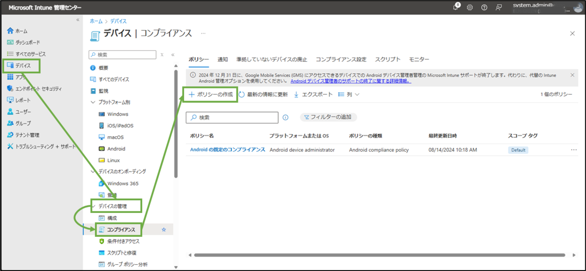 図表4-1 Intune管理センターのコンプライアンスポリシー作成へ