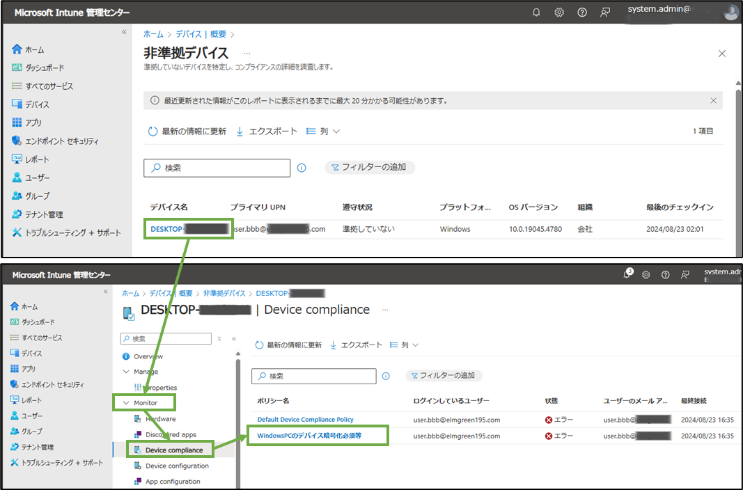 図表4-8 コンプライアンスポリシーの適用状況確認(デバイスの対象ポリシー選択)