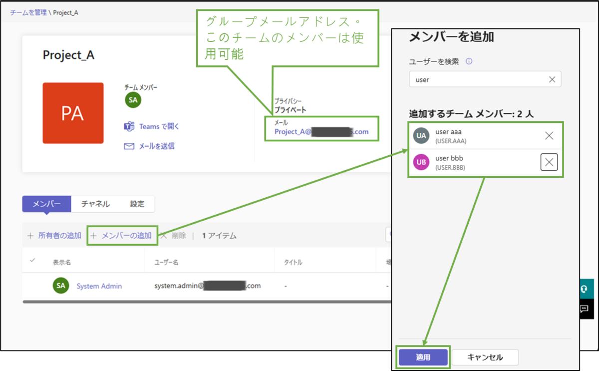 図表3-4 作成したチームの設定(メンバー追加)