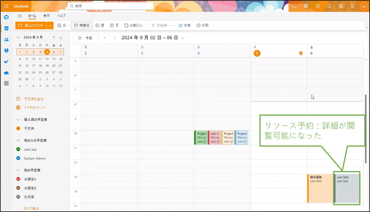 図表4-3 Outlook予定表の確認(リソースの見え方)